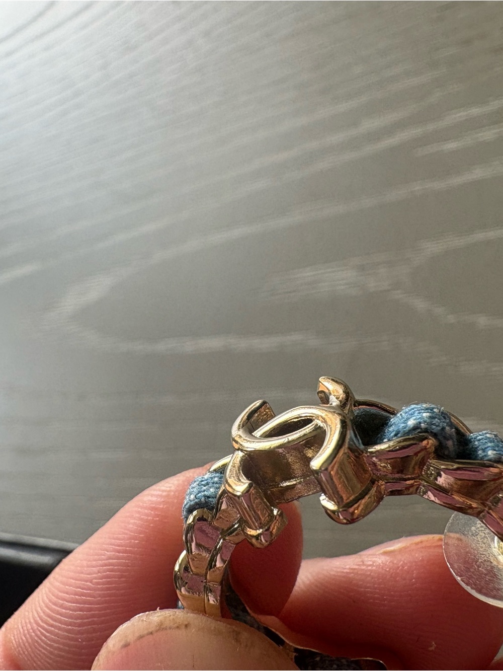 FASHION Gold CC Logo Hoop Pierced Earrings with Blue Denim Fabric Weave - Picture 8 of 8